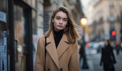 Wall Mural - Serene young woman strolling through city at twilight