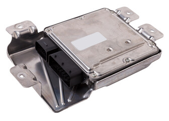 Sticker - Plastic car engine control unit with metal elements on a white isolated background is the connecting center of various subsystems, units and assemblies. Monitoring the state of the moment. Spare part