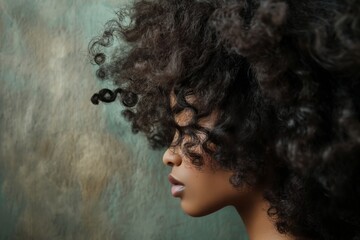 profile view of a woman with luxurious curly hair against a textured backdrop
