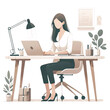 A simple and modern illustration of a woman working on a laptop at a desk. She is focused on her work, with her hands on the keyboard