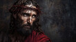 Portrait of Jesus Christ with crown of thorns on dark background