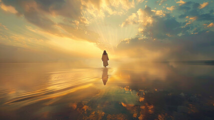 Wall Mural - Jesus Christ walking on sea surface, magnificent sunrise light