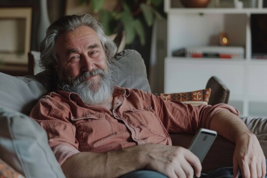 Bearded mature man in a casual shirt relaxes on a sofa with a smartphone at home, showcasing comfort and modern living, Generative AI