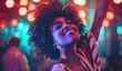 Vibrant party atmosphere with joyful young dark-skinned woman dancing