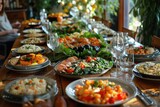 Fototapeta Tulipany - family dinner, table setting, unrecognizable people. ai generated