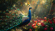 A peacock in a whimsical garden, feathers spread in a display of color, with copy space for enchanting tales, magical, captivating