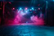 Empty stage with vibrant blue and pink lights casting dynamic shadows, ready for a performance in a night club setting.

