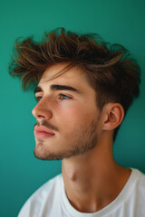 Wall Mural - Side profile of a young man displaying a messy textured crop haircut against a teal background