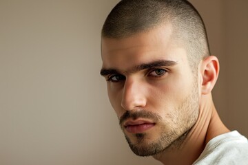 Wall Mural - Close-up portrait of a young man showcasing a stylish buzz cut