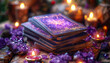 Tarot cards with candle light purple colors. fortuneteller reads fortunes by tarot cards and candles on the background. Astrology occult magic spiritual horoscopes and palm reading