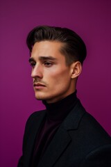 Wall Mural - Side profile of a stylish man with a sleek, slicked-back hairdo against a purple background