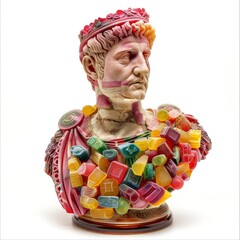 Bust of the famous ancient Roman emperor figure made of sweet gelatin, edible sculpture, isolated on white background