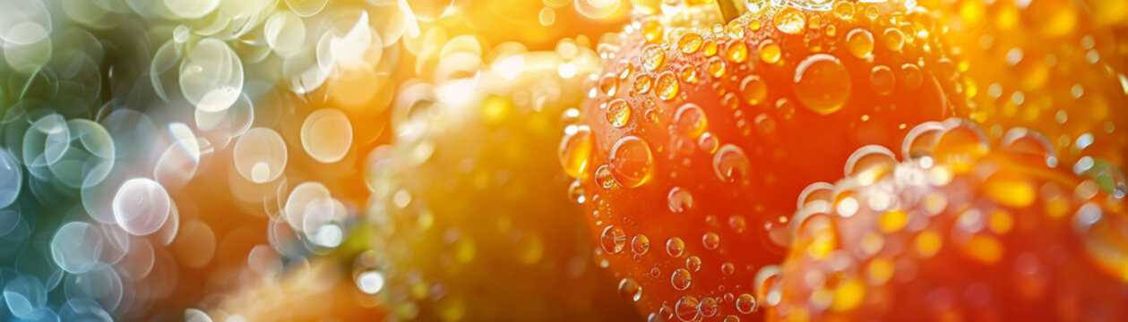 Close-up of vibrant orange fruit with fresh water droplets and a colorful bokeh background
