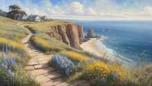 Clifftop Overlook With Coastal Wildflowers, Painted In Oil.