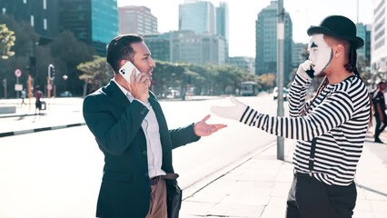 Wall Mural - Businessman, smartphone and mime in city with mimic for phone call, discussion or conversation. Male people, angry and technology with stress for argument, fight and digital meeting in Cape Town