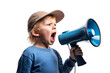 A  furious child in cap yells into a megaphone, isolated on a transparent background