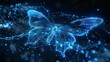 Abstract butterfly composed of neon blue light particles soaring over a futuristic technology canvas representing digital metamorphosis in a mesmerizing particle effect style