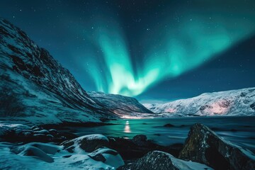 The aurora borealis dancing in the night sky over a tranquil snow-covered landscape  , AI generated