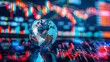 © Sara_P - Interactive globe with rising stock graphs in neon blue amid a background of technological interfaces illustrating market connectivity in a vibrant digital art style