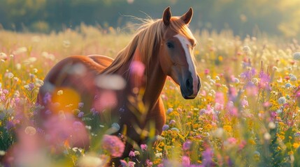 Wall Mural - A horse standing amidst a meadow of blossoms