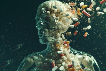 Wall Mural - A photograph featuring a skeleton enclosed by a multitude of pills and capsules, A surreal portrayal of the effects of opioids on the human body, AI Generated