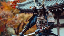 Samurai Warrior In Full Armor With Katana In A Traditional Japanese Setting During Autumn