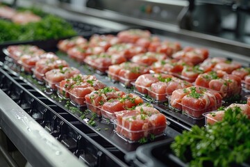 a conveyor belt presents rows of salmon rolls dusted with herbs for efficient food industry packagin