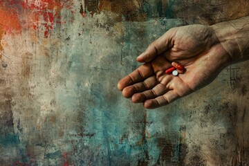 Wall Mural - A person holding a pill in their hand, demonstrating the action of grasping and displaying a medication, A textured image showcasing the hurtful touch of opioid misuse, AI Generated