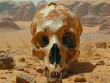 A skull is sitting on a rocky desert floor. The skull is old and has a weathered appearance. The desert landscape is barren and desolate, with no signs of life. The skull seems to be a symbol of death