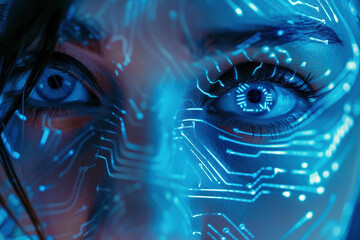  Futuristic Close-Up of a Woman's Face with Digital Circuit Overlay