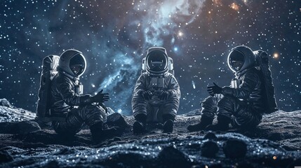 A team of astronauts sits attentively on an alien planet's surface, possibly strategizing or resting