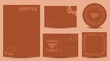 decorative dark brown backgrounds with coffee beans and cups. Vector templates. Coffee drinks.