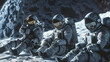 Group of astronauts sit together on the moon's rocky terrain, possibly discussing their next move, amidst the cosmic surroundings