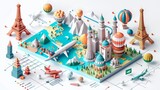 Fototapeta Londyn - Travel and Tourism: A 3D vector graphic illustrating the growth of the tourism industry