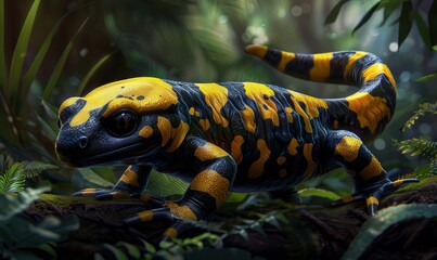 A yellow and black striped lizard is on a leafy green forest floor