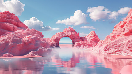 Wall Mural - Abstract fantastic background. Pink desert with lake and geometric mirror under the blue sky with white clouds