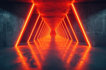 Wall Mural - Orange Red Glowing Pylons Cement Concrete Hallway Tunnel Corridor Dark Underground Garage Gallery Stage Sci Fi Futuristic Modern Background 3D Rendering Illustration