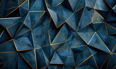 Wall Mural - Blue polygonal textured background with golden lines. Geometric abstract background with 3d effect.