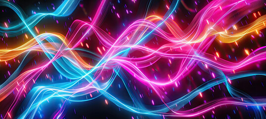 Wall Mural - Abstract flowing neon color lines lights on black background