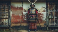 Samurai Standing In Traditional Armor. Historical Reenactment In Front Of Aged Japanese House.