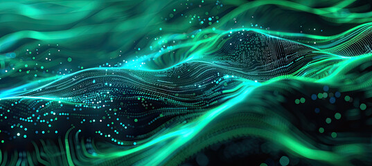 Wall Mural - Abstract futuristic background with green blue glowing neon moving high speed wave lines