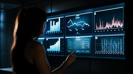 Wall Mural - Explore the stock market trends with analytical visuals of businesswoman planning long term investments and future business growth, Navigate towards success with smart strategies