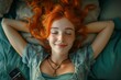 Young red-haired teenage girl is lying in bed dreamy with a smile on her face