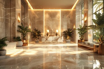 Wall Mural - Stunning hotel lobby boasting modern luxury with shiny marble flooring and elegant golden accents in the decor