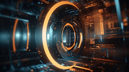 Technology abstract background with hud styled round interface elements in neon tech light.