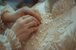 Elegant Wedding Dress Detailing with Hand-Sewn Pearls and Lace
