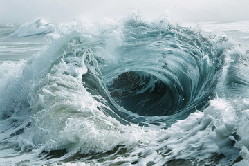 Wall Mural - The crystal-clear barrel of a wave captured from inside, with a sunny blue sky above and sparkling water all around.