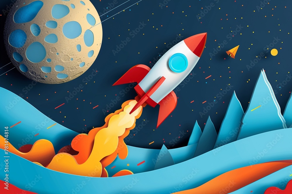 Rocket labeled BTC taking off over a curve of rising stock charts, moon ...