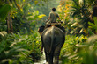 A person embarks on a mystical journey riding an elephant towards an ancient temple surrounded by a lush landscape.