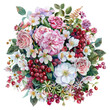 bouquet rotondo stile acquerello  di violette bianche, rose rosa, bacche rosse e fiori di camomilla e ortensie giapponesi verdi, disegno floreale per matrimonio, png